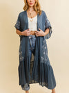 Bordaux Vintage Gray Blue Embroidered Ruffle Kimono