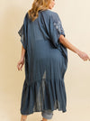 Bordaux Vintage Gray Blue Embroidered Ruffle Kimono