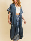 Bordaux Vintage Gray Blue Embroidered Ruffle Kimono