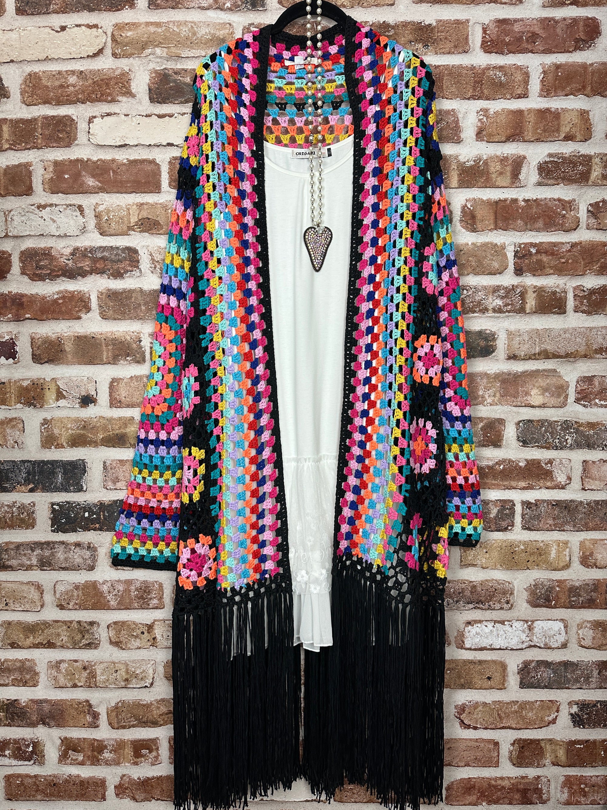 Wilflower Whisper Boho Crochet Floral Kimono with Tassels - Multicolor