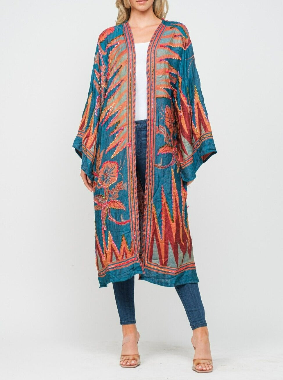 Arc-en- ciel Embroidered Teal Kimono with pockets