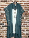 Bordaux Vintage Gray Blue Embroidered Ruffle Kimono