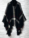 First Snow Turtle Neck Black Plaid Sweater Poncho - One Size Plus