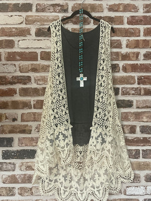 Simply Vintage Crochet Cardigan with Lace Ruffle accent Beige- 2XL